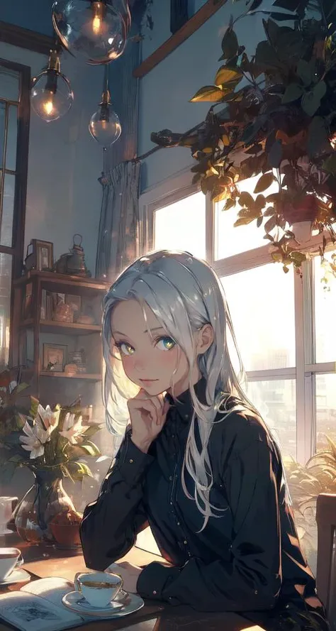 realistic, (best quality, masterpiece:1.3),
1girl, solo, afternoon tea,
silver hair, bright pupils, long hair, hair slicked back,black long sleeve shirt,
study, near the window, well-lit,
fansty world <lora:fansty world_20230601105102:0.7>