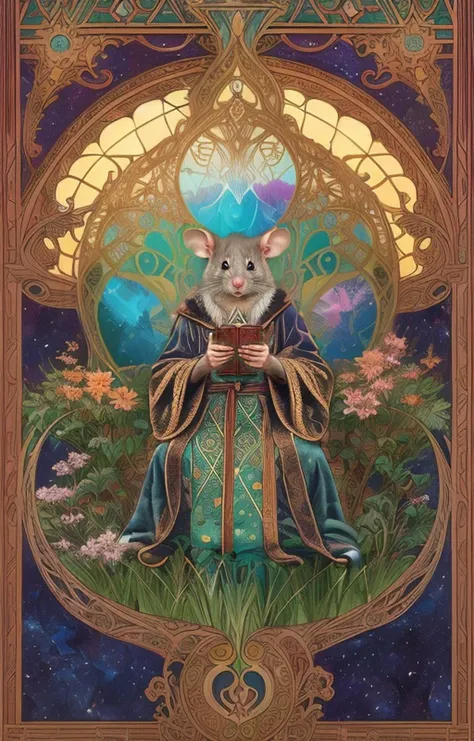 concept art concept art Art Nouveau, beautiful art, ((Masterpiece, best quality, 1rat wearing a robe)), tarot card of an anthropomorphic rat wizard, sitting on a throne, stars, ornate tarot card border , highly detailed, art nouveau influence, flowers <lora:fansty world_20230601105102:0.8> fansty world, sleek, organic forms, long, sinuous, art nouveau style . digital artwork, illustrative, painterly, matte painting, highly detailed . digital artwork, illustrative, painterly, matte painting, highly detailed