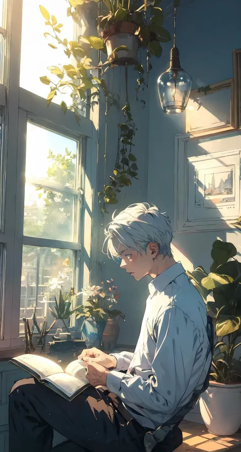 realistic, (best quality, masterpiece:1.3),
1boy,solo, reading,
silver hair, bright pupils, short hair, hair slicked back,black long sleeve shirt,
study, near the window, well-lit
fansty world<lora:fansty world_20230601105102:0.7>