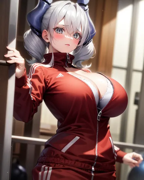 1girl, labrynth, silver hair, grey eyes, large breasts, horns, red tracksuit, unzipped, cleavage,
indoors, gym storage room, 
 <lora:labrynthv2-000006:1>