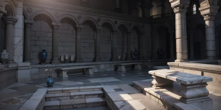 (bowl, stone floor, bench, stone wall, marble, vase:1.1), (ancient roman thermal bathhouse:0.5), dreamlikeart, nostalgia, absurdres, depth of field, dynamic pose, dramatic angle, unreal engine, 8k, highly detailed, photo, photorealistic, hyperrealistic, cinematic lighting, cinematic composition, beautiful lighting, sharp, details, hdr, 4k