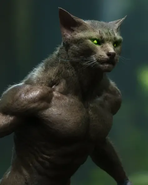 fking_scifi_v2, werecreature, werecat cat, large head, (green eyes), in a forest, 80mm, f/1.8