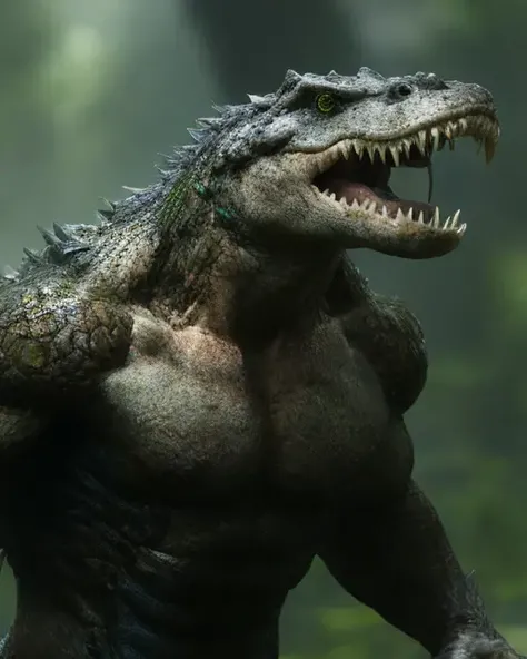 fking_scifi_v2, werecreature, werealligator alligator, large head, (green eyes), in a forest, 80mm, f/1.8