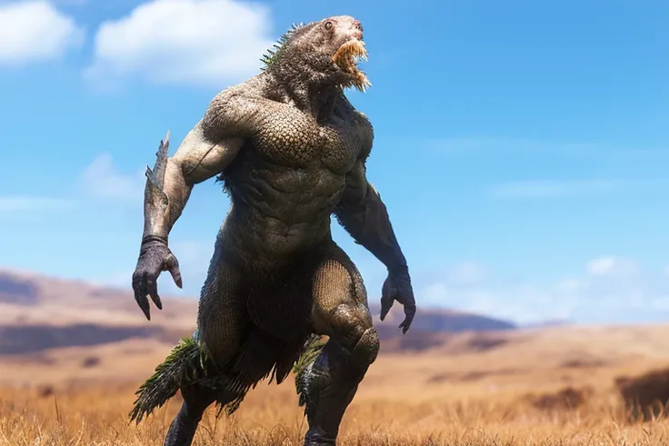 fking_scifi_v2, werecreature, werefish fish on a green prairie, ambient lighting, daylight, full body shot, ultra wide, highly detailed, 8k resolution