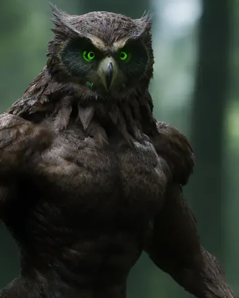 fking_scifi_v2, werecreature, wereowl owl, large head, (green eyes), in a forest, 80mm, f/1.8