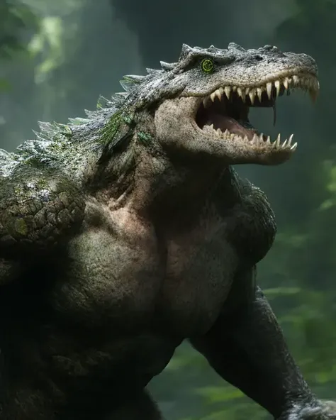 fking_scifi_v2, werecreature, werecrocodile crocodile, large head, (green eyes), in a forest, 80mm, f/1.8