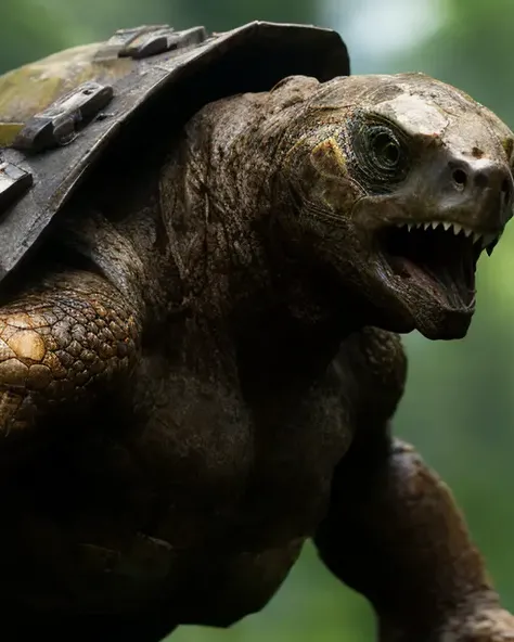 fking_scifi_v2, werecreature, weretortoise tortoise, large head, (green eyes), in a forest, 80mm, f/1.8