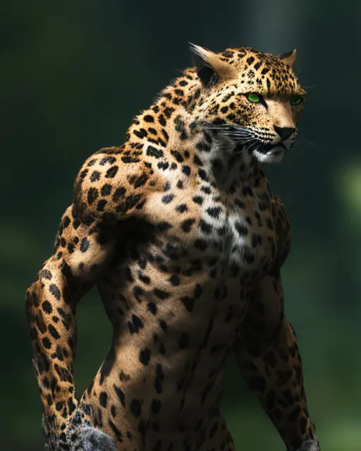 fking_scifi_v2, werecreature, wereleopard leopard, large head, (green eyes), in a forest, 80mm, f/1.8