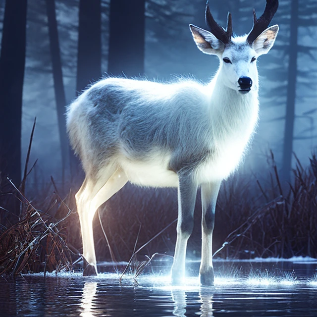a (transparent :1.4) glowing white (ghost :1.3) doe standing by a frozen over pond in the woods. ghostly animal. fking_scifi_v2