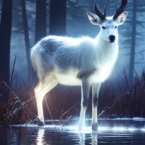 a (transparent :1.4) glowing white (ghost :1.3) doe standing by a frozen over pond in the woods. ghostly animal.   fking_scifi_v2