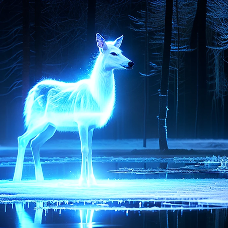 a wide shot of a (transparent :1.4) glowing white (ghost :1.3) (doe :1.1)standing by a (frozen pond :1.3)in the woods. ghostly animal. Transparent, magic, patronus. fking_scifi_v2