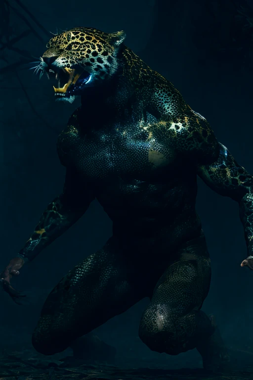 fking_scifi_v2, werecreature, werejaguar, junglepunk, a jaguar in a dark forest with glowing yellow eyes, (forced_kneeling on one knee) with hands on hips, bright moonlit night, UHD, immersive