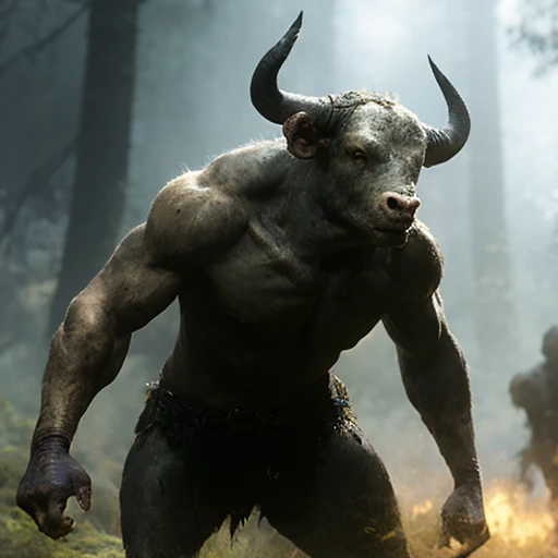 fking_scifi_v2,  a wide shot of a werecreature, minotaur,  bull, (black eyes), in a forest, scenic dystopian environment, highly detailed, sharp focus , light dust, 80mm, f/1.8