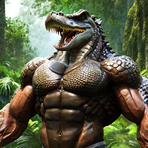 fkingscifi_v2 professional stock photo hyperrealistic very muscular superheavyweight ifbb pro bodybuilder, highly detailed alligator head, very realistic alligator head, flexing muscles in a forest, very thick neck, very huge muscles, very large muscles, very huge biceps, very huge traps, very huge quads, very thick arms, very thick legs, very thick torso, very oiled, very sweaty, very veiny, highly detailed, highly detailed alligator scales, textured scales, very glossy scales, highly detailed anatomy, highly detailed body, highly detailed muscles, intricate, aesthetics, dslr, vivid, studio lighting, studio quality, 8k, (wide shot), (full body), very ripped abs, very detailed abs, furious expression,sexy,hot,award winning, stunning