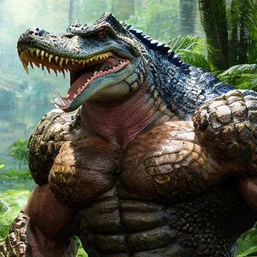 fkingscifi_v2 professional stock photo hyperrealistic very muscular superheavyweight ifbb pro bodybuilder, highly detailed alligator head, very realistic alligator head, (((very small head))), (((drooling))), flexing muscles in a forest, very thick neck, very huge muscles, very large muscles, very huge biceps, very huge traps, very huge quads, very thick arms, very thick legs, very thick torso, very oiled, very sweaty, very veiny, highly detailed, highly detailed alligator scales, textured scales, very glossy scales, highly detailed anatomy, highly detailed body, highly detailed muscles, intricate, aesthetics, dslr, vivid, studio lighting, studio quality, 8k, (wide shot), (full body), very ripped abs, very detailed abs, furious expression,sexy,hot,award winning, stunning