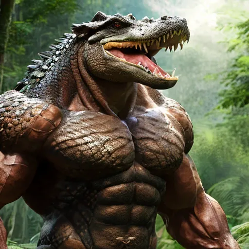 fkingscifi_v2 professional stock photo hyperrealistic very muscular superheavyweight ifbb pro bodybuilder, highly detailed alligator head, very realistic alligator head, flexing muscles in a forest, wearing, very thick neck, very huge muscles, very large muscles, very huge biceps, very huge traps, very huge quads, very thick arms, very thick legs, very thick torso, very oiled, very sweaty, very veiny, highly detailed, highly detailed alligator scales, textured scales, highly detailed anatomy, highly detailed body, highly detailed muscles, intricate, aesthetics, dslr, vivid, studio lighting, studio quality, 8k, (wide shot), (full body), very ripped abs, very detailed abs, furious expression,sexy,hot,award winning, stunning