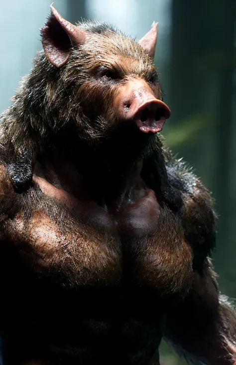 fking_scifi_v2, werecreature, werebear werepig boar pig bear, large head, in a forest, 80mm, f/1.8