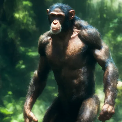 fking_scifi_v2, epic, full body, ultra-high resolution photograph, Realism, (muscular:1.0), Attractive chimpanzee, roaming a forest, hyperrealistic, by David Mann, by Mark Brooks, by (WLOP:1.1): Bokeh: DSLR, F/64: Warm Color Palette: Full-HD: Natural Lighting: Sunlight: