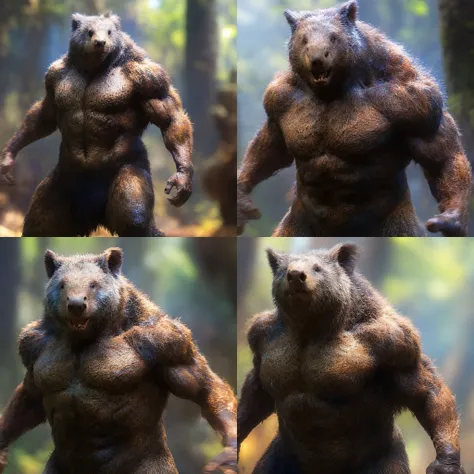 fking_scifi_v2, (muscular:2.0), well-defined muscles, blood vessels popping out all over the skin, Wombat, large head, double bicep pose, (Kind blue eyes), in a forest, 80mm, f/1.8, Bokeh: Wildlife Photography: Warm Color Palette: Full-HD: Natural Lighting: Sunlight: