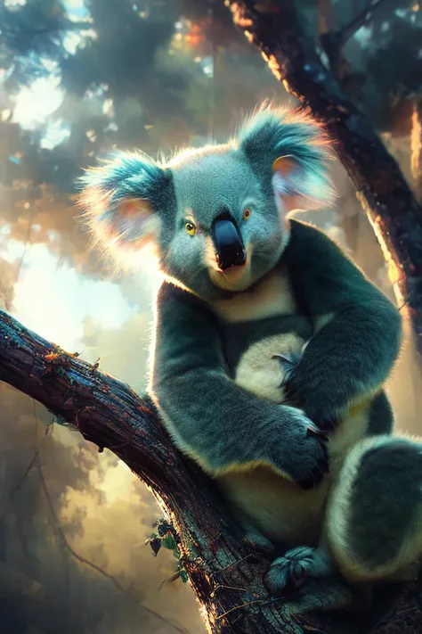 Low angle close up shot of (koala:1.2) in a Eucalyptus tree, (beautiful scenery), Subsurface scattering, Rimlight, bokeh background, caustic reflections. art by norman rockwell and (ChemPunk-96 :0.1), smoose-2-500