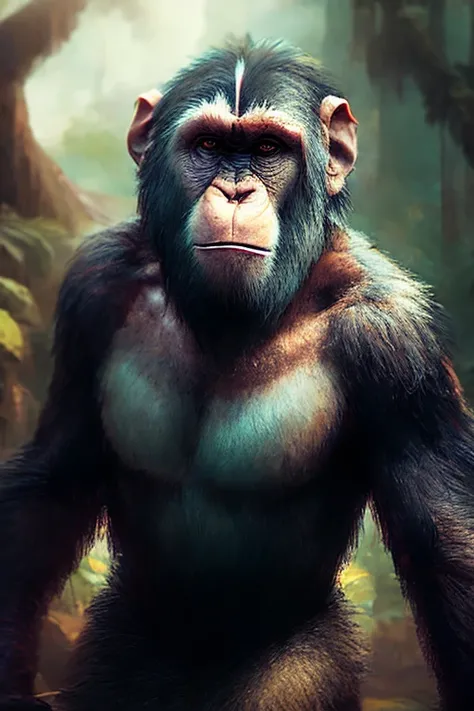 Low angle close up shot of (ape:1.2) in a jungle, (beautiful scenery), Subsurface scattering, Rimlight, bokeh background, caustic reflections. art by norman rockwell and (ChemPunk-96 :0.1), smoose-2-500