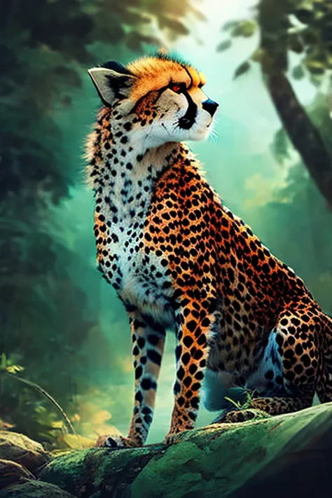 Low angle close up shot of a (cheetah:1.2) in a jungle. Subsurface scattering, Rimlight, bokeh background, caustic reflections. art by norman rockwell and (ChemPunk-96 :0.1), smoose-2-500