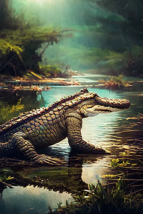 eye level shallow focus shot of (Crocodile:1.2) in a swamp, laying down flat, on all fours, (beautiful scenery), Subsurface scattering, Rimlight, bokeh background, caustic reflections. art by norman rockwell and (ChemPunk-96 :0.1), smoose-2-500
