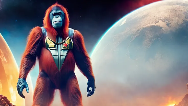photo of (PongoAbelii:1.1) Space Orangutan, wearing Flash Gordon outfit, standing on Rocket ship (style by fking_scifi_v2:1)