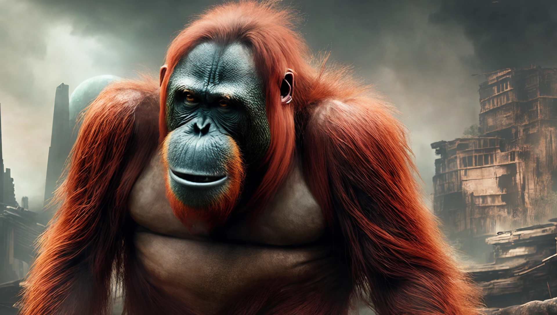 (PongoAbelii:1.1) Planet of the Orangutan, stands on building ruins, in military uniform (style by fking_scifi_v2:1)