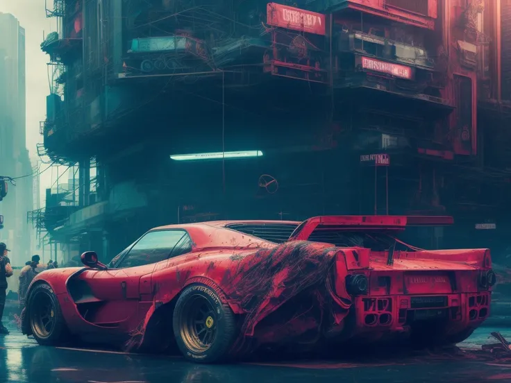 fking_scifi_v2, photo of a ((Ferrari:Pickup:1.5):0.65) car, Cyberpunk theme, centre of frame, trending on ArtStation, trending on CGSociety, Intricate, High Detail, Sharp focus, dramatic