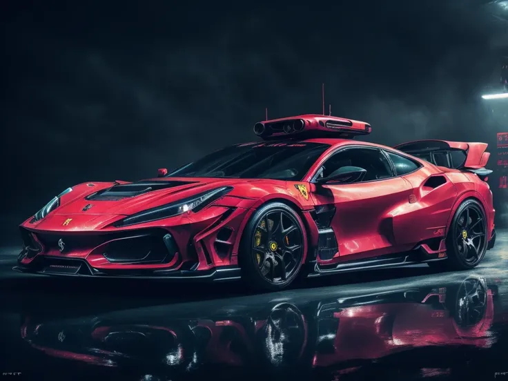 fking_scifi_v2, photo of a ((Ferrari:civtyp:1.5):0.65) car, Cyberpunk theme, centre of frame, trending on ArtStation, trending on CGSociety, Intricate, High Detail, Sharp focus, dramatic