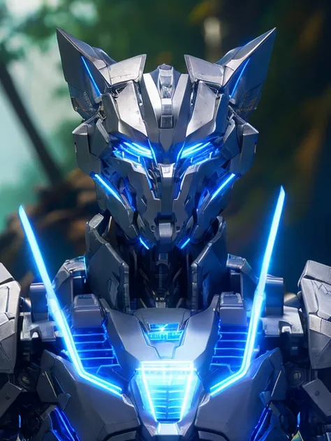 fking_scifi_v2, transformers, weremecha, mecha, were-shaped, feral, robo cat ear, cybercat, big mecha, robot, titan, detailed torso, detail head, (shining sliver torso), with light blue glowing, in a forest, 80mm, f/1.8