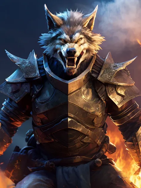 fking_scifi_v2, portrait of a werewolf wolf, werecreature, wearing plate armor, fire, smoke, dragon knight, battlefield, medieval