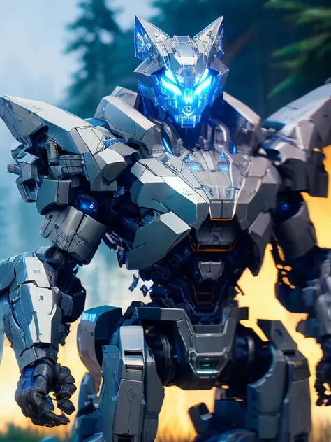 fking_scifi_v2, transformers, weremecha, mecha, were-shaped, feral, robo cat ear, cybercat, big mecha, robot, titan, detailed torso, detail head, (shining sliver torso), with light blue glowing, in a forest, 80mm, f/1.8