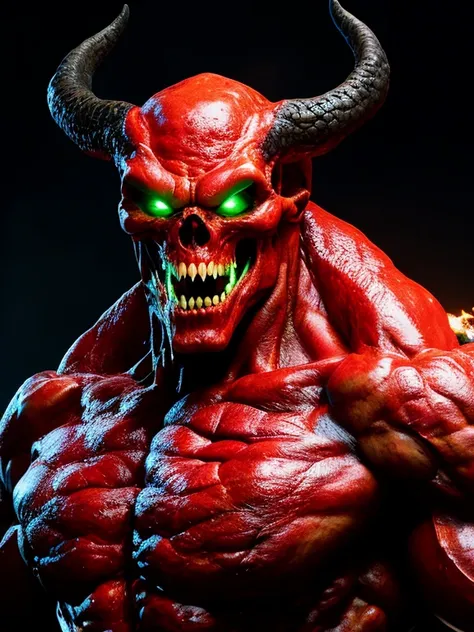 fking_scifi_v2, a demon, devil, imp, devil horns, hunk, doom \(series\), weredemon, werecreature, portrait, detailed, (red skin), green eye, glowing eye, fire, in hell, thick neck, very huge muscles, very large muscles, veiny red smooth skin, 80mm, f/1.8, (((nude))), hyper detailed, ultra realistic, unreal engine 5, studio lighting, cinematic, High Detail, dramatic, cinematic, 8k, highres