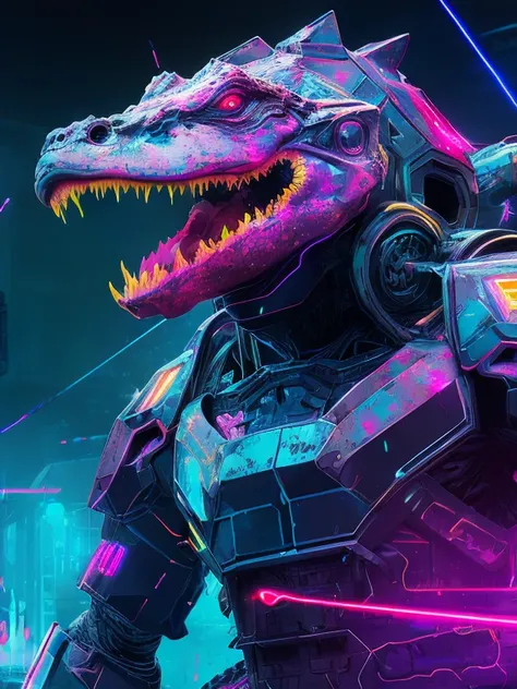 fking_scifi_v2, portrait of a werealligator alligator, werecreature, wearing power armor, pink and blue paint drips, splatter paint, (synthwave:1.2), cyberpunk city, futuristic