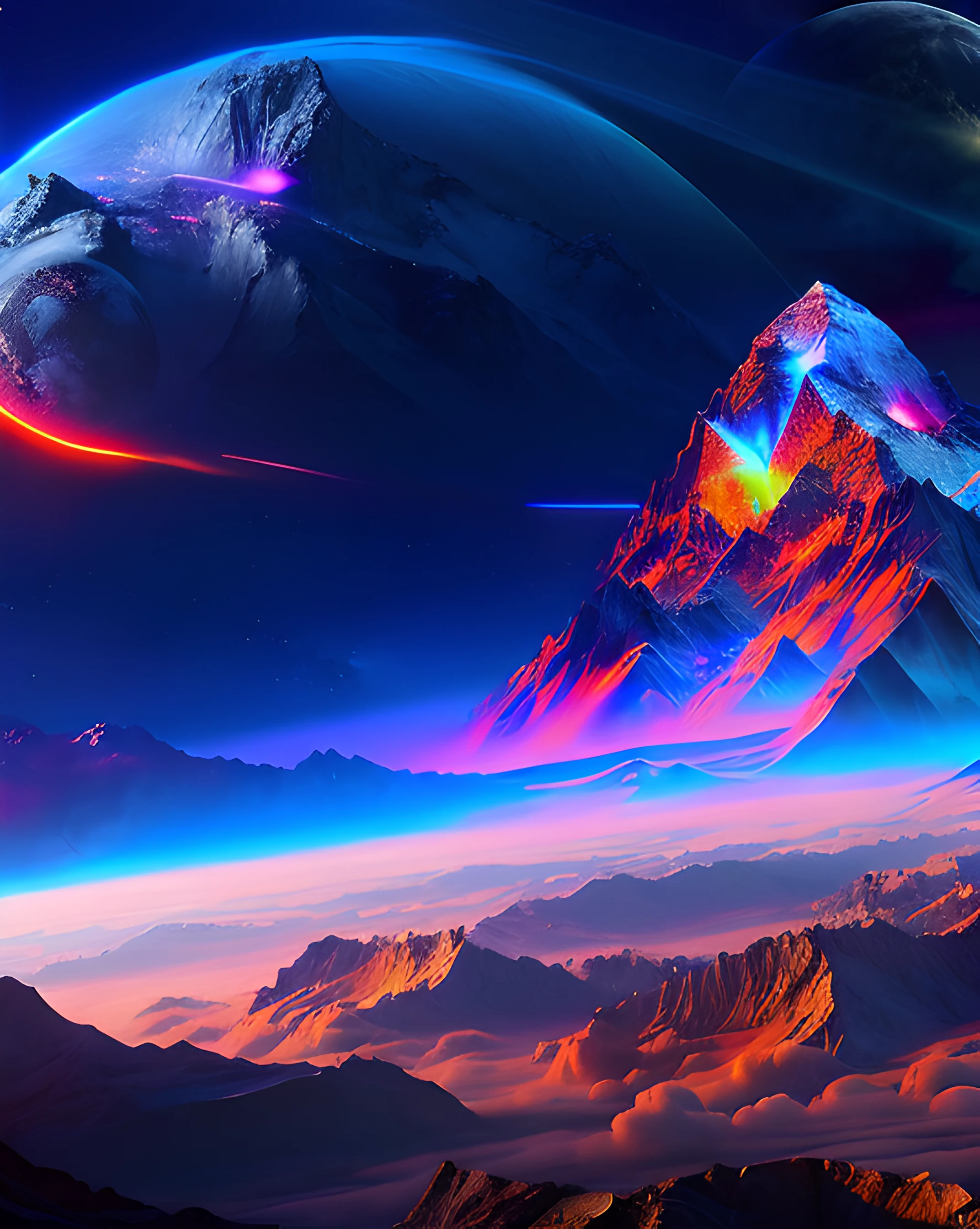 masterpiece, best quality, high quality, mount Everest peak, futuristic city, futuristic, nighttime, floating in outer space, landscape extremely detailed CG unity 8k wallpaper, neon lights, science fiction, floating in outer space,award winning photography, Bokeh, Depth of Field, HDR, bloom, Chromatic Aberration ,Photorealistic,extremely detailed, trending on artstation, trending on CGsociety, Intricate, High Detail, dramatic, 8k, ultra high definition,