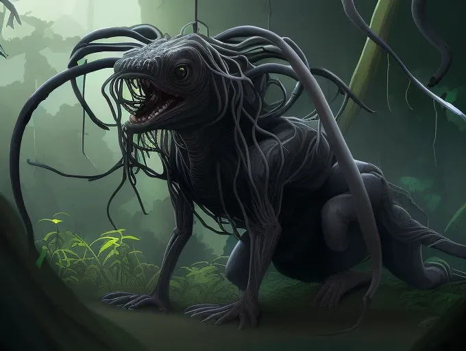 fking_scifi_v2, a ((dark dog-like creature made of worms)), prowling a dense jungle, abstract science fiction, writhing tendrils hanging from the jungle canopy