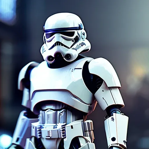 fking_scifi_v2,  long shot of a guard stormtrooper, robotic, mechanical, reflective armour, white metal plating, 50mm, f/1.2, dof, bokeh, depth of field