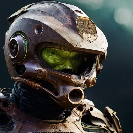 fking_scifi_v2, portrait of an alien , large eyes, helmet, armor, military, shield, slick skin, slime, large mouth, 80mm, f/1.8, dof, bokeh, depth of field, subsurface scattering, stippling