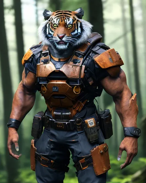fking_scifi_v2, werecreature, weretiger tiger, large head, (green eyes), standing in a forest, toolbelt, 80mm, f/1.8