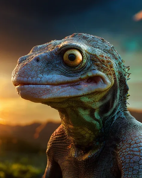fking_scifi_v2,
portrait of an alien,
large reptile eyes,
slick green and gray scaley skin,
on a lush planet, sunset,
80mm, f/1.8, dof, bokeh, depth of field,
subsurface scattering, stippling