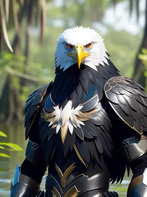 fking_scifi, award-winning photo portrait of a werecreature wereeagle eagle, wearing a black and silver armor, forest swamp mangrove trees background, large head, intricate details
