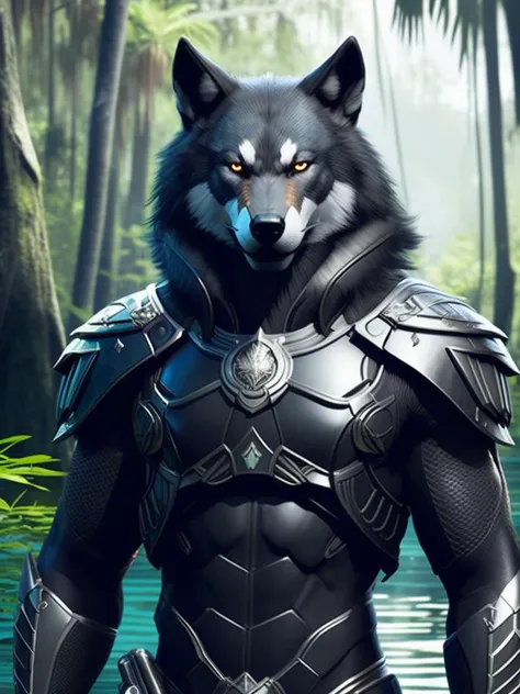 fking_scifi, award-winning photo portrait of a werecreature werewolf wolf, wearing a black and silver armor, forest swamp mangrove trees background, large head, intricate details