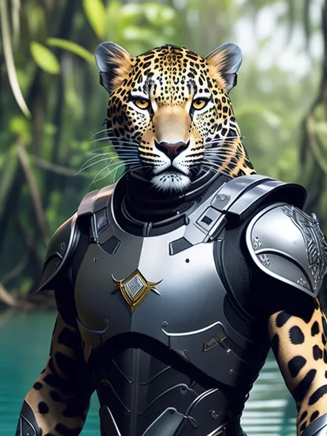 fking_scifi, award-winning photo portrait of a werecreature wereleopard leopard, wearing a black and silver armor, forest swamp mangrove trees background, large head, intricate details
