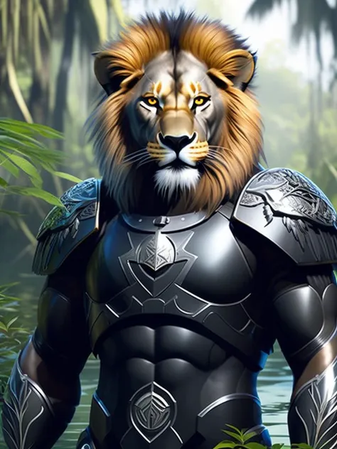 fking_scifi, award-winning photo portrait of a werecreature werelion lion, wearing a black and silver armor, forest swamp mangrove trees background, large head, intricate details