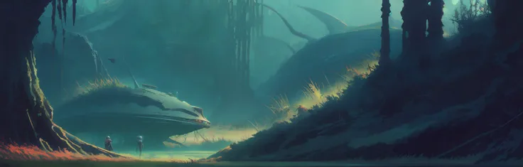 fking_scifi_v2 (Gorgeous Digital Artwork:1.3) of (Masterpiece:1.3) (simple:1.1), (alien landscape:1.4), (bleached skeleton:1.2), (mist and fog:1.2), nature, outdoor, plants, inspiring, nice, (glossy black desaturated color:1.4), (low contrast:1.4), (by Artist Moebius:1.3),CGSociety,ArtStation