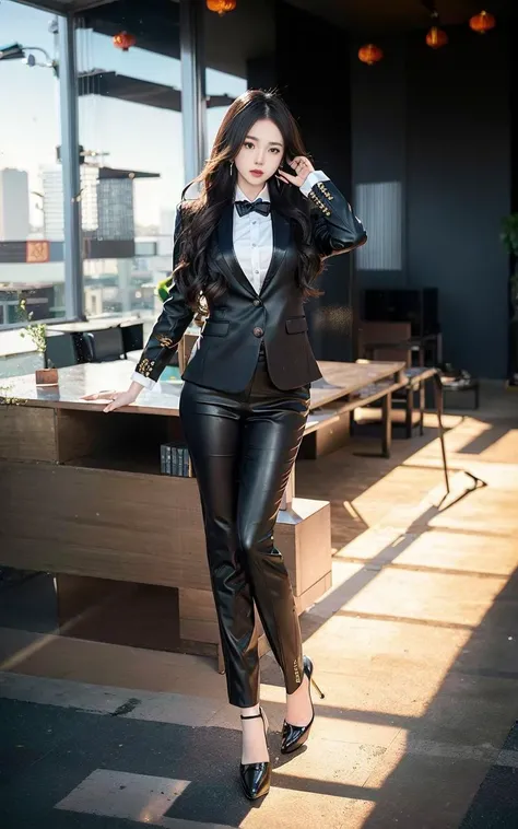 1girl, Chinese, long hair, wearing office suit, black leather shoes, earrings, office. full body, 8k, HDR, photorealistic, realistic, slim legs, masterpiece, best quality, overall_view, looking at viewer,