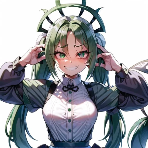(masterpiece and beautifully detailed mashing up:1.1), (focus eyes:1.9), (close-up:1.7), (low_twintails long hair:1.5), 4k, hd,(well designed face), amazing face, (super detailed), (40k:1.3), ultra detailed, extremely beautiful CG, super detailed skin, realistic description, best quality, highest quality, intricate (high detail:1.1), masterpiece, (detailed skin), (shiny skin), (focus head:1.6), eye-level, perfect anatomy, intricate details, 1girl, reflective hair, textured hair, best quality, hyper detailed, intricate_detail, highres, high resolution illustration, textured hair, realistic, realistic photorealistic, realistic extremely detailed body, perfect fac, fine details, (evil smile:1.7), (evil grin:1.5),
(green_hair:1.3), (low_twintails:1.7), (wavy_hair:1.3), (green eyes:1.3),
solo, single, (bokeh:1.034), (white background:1.8),
<lora:crazyExpressions_crazyExpressions:0.4>, <lora:mion-10:0.6>, (mionx-10000:0.9)
