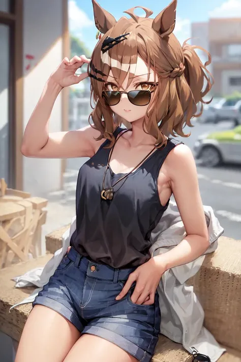 masterpiece, best quality, 
jungle pocket \(umamusume\),
sunglasses, black shirt, sleeveless shirt, jeans, 
<lyco:jungle_pocket_loha:0.7>